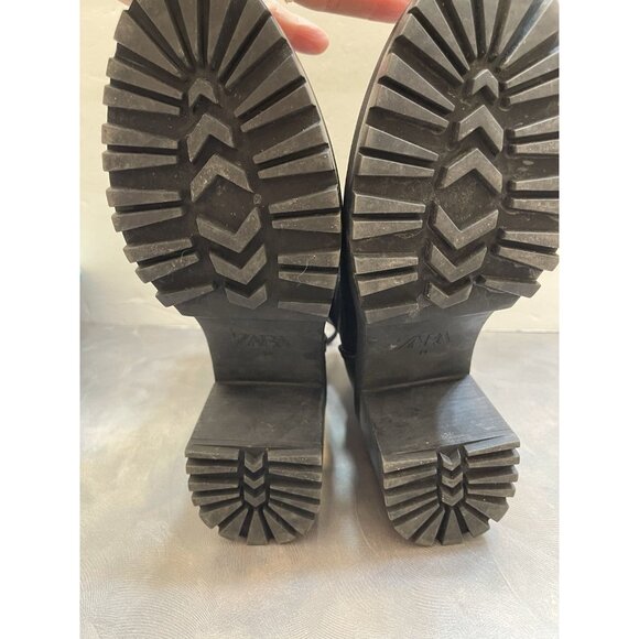 Zara Grunge Goth Bikercore black platform stack-heeled lace-up combat boots 39 8 - Picture 10 of 12